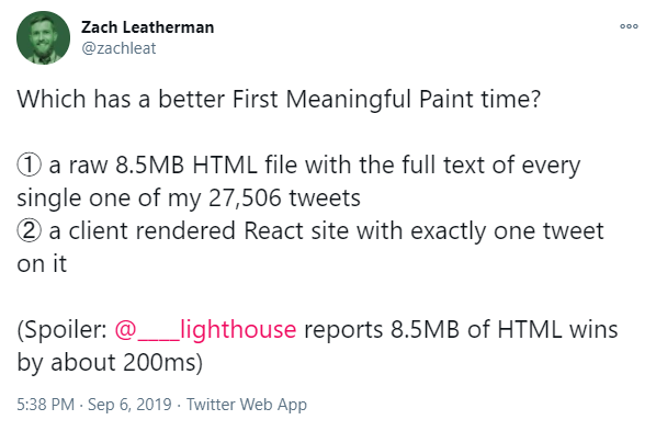 alt @zachleat tweet about HTML vs React performance